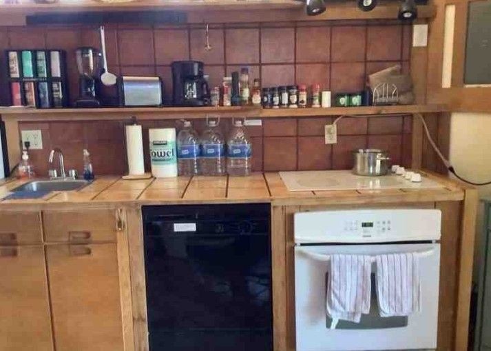 Small kitchen with wooden cabinets, electric stovetop, dishwasher, and shelves with spices and appliances.