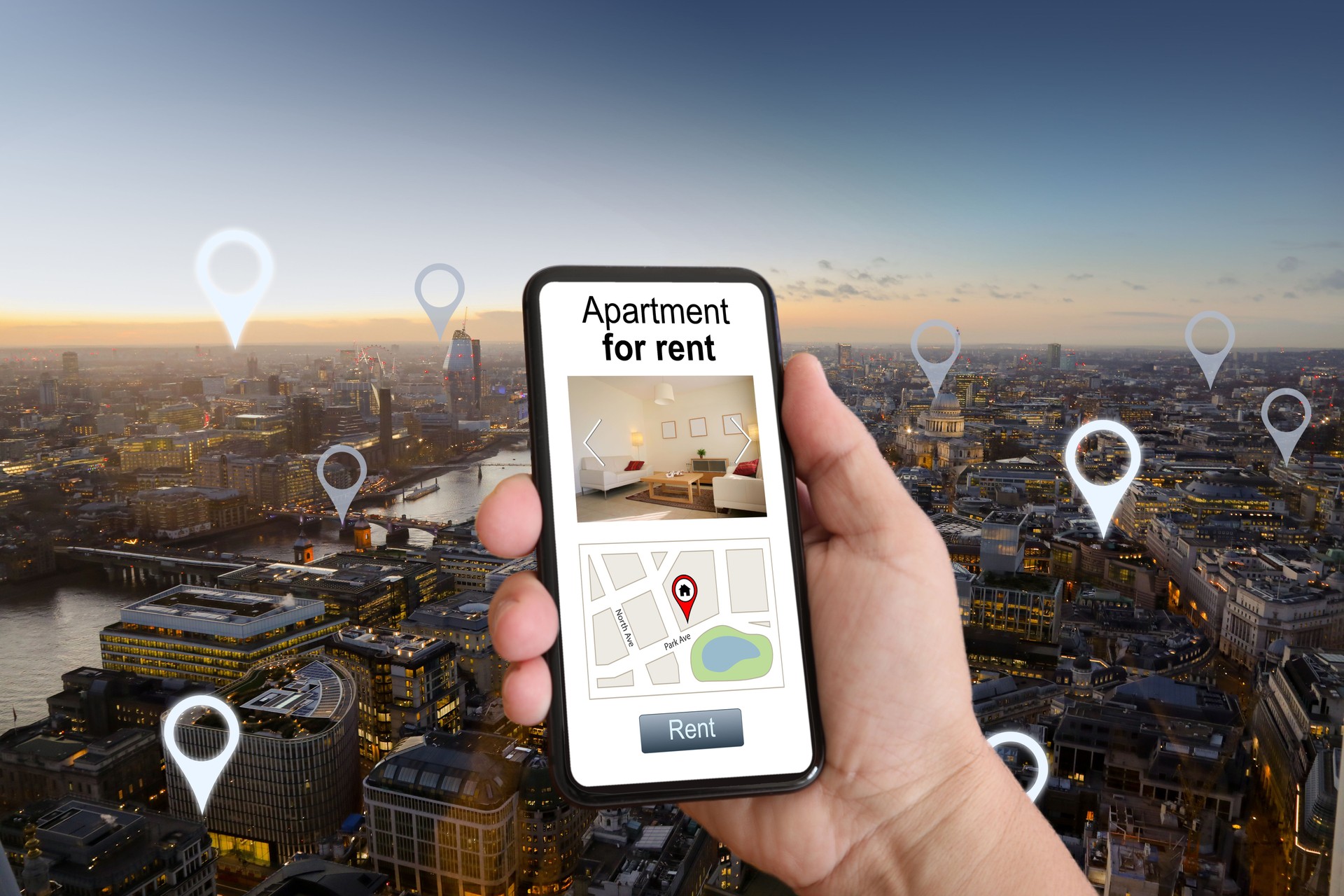 Online internet search apartment for rent mobile phone app holiday home rental city aerial view